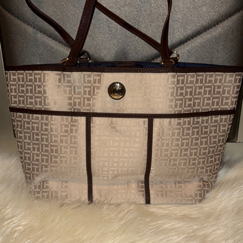 Tommy Hilfiger Brown and Cream Patterned Tote